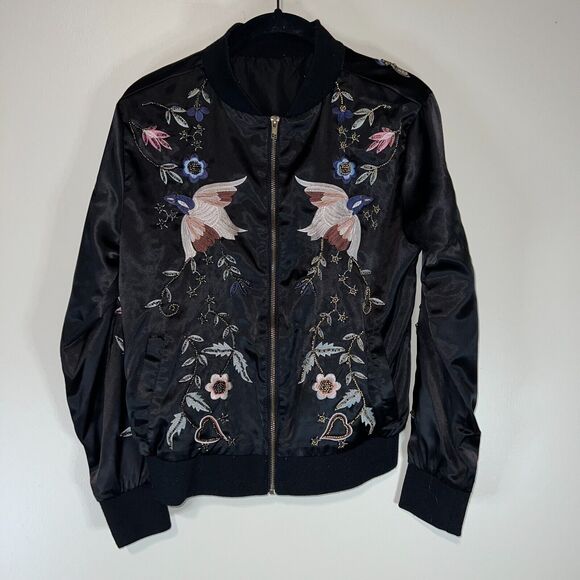 MIULIFE beaded floral bird bomber jacket black womens size small - Picture 4 of 7